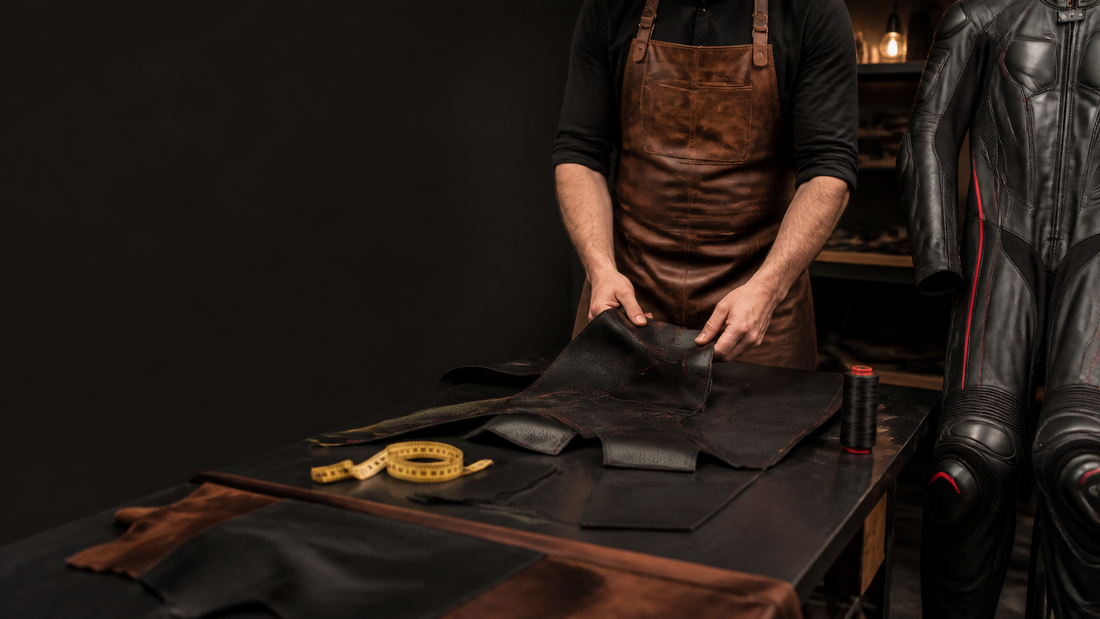 Custom motorcycle suit workshop with leather panels and a finished suit