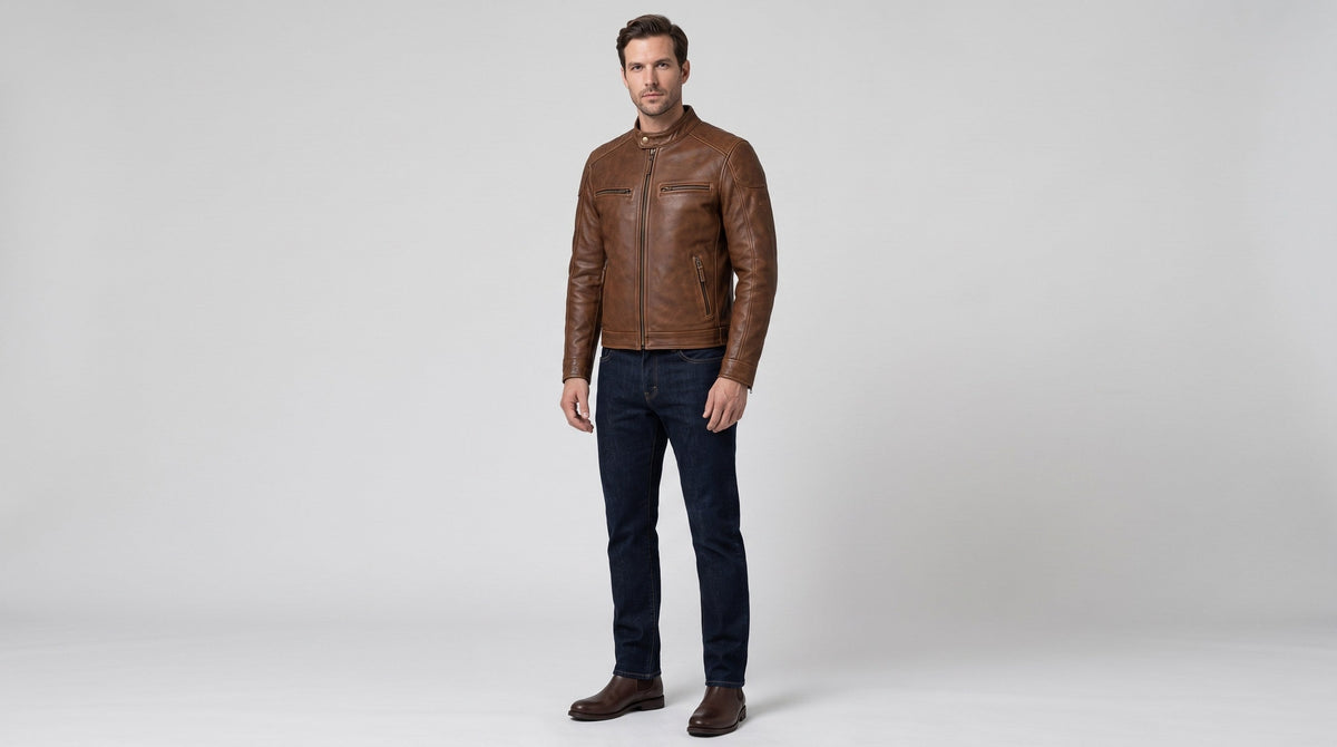Rider wearing a cognac brown leather cruiser motorcycle jacket with dark jeans in a light grey studio