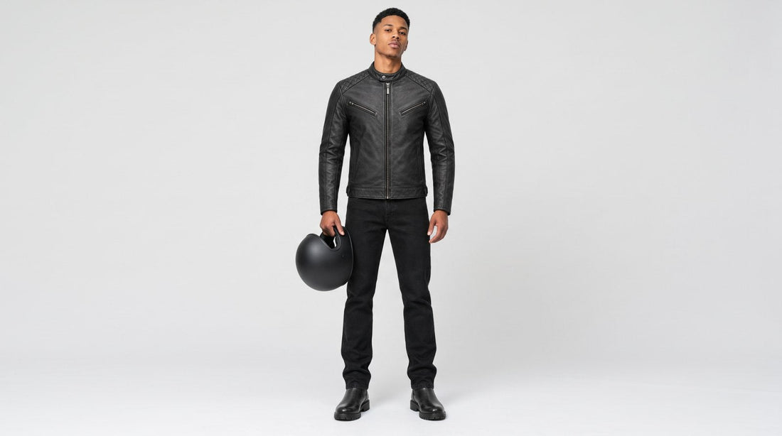 Rider wearing a matte black leather café racer street jacket with band collar, holding a helmet on a light grey studio background