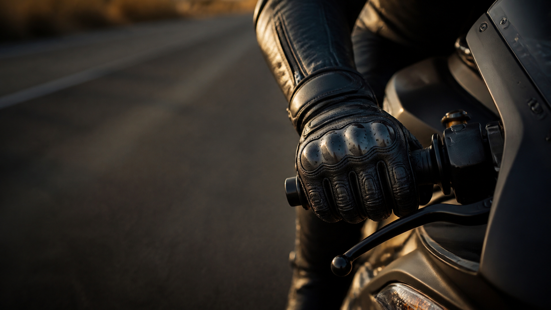Protective black leather motorcycle racing glove holding a sportbike handlebar
