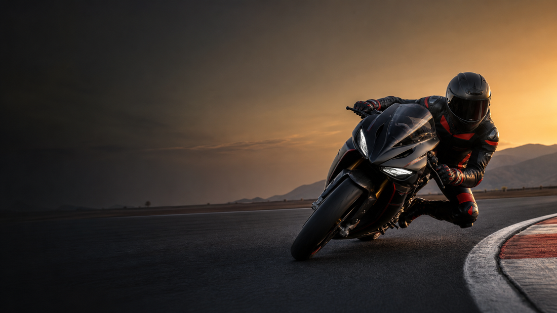 Motorcycle rider wearing a black and red leather racing suit on a track
