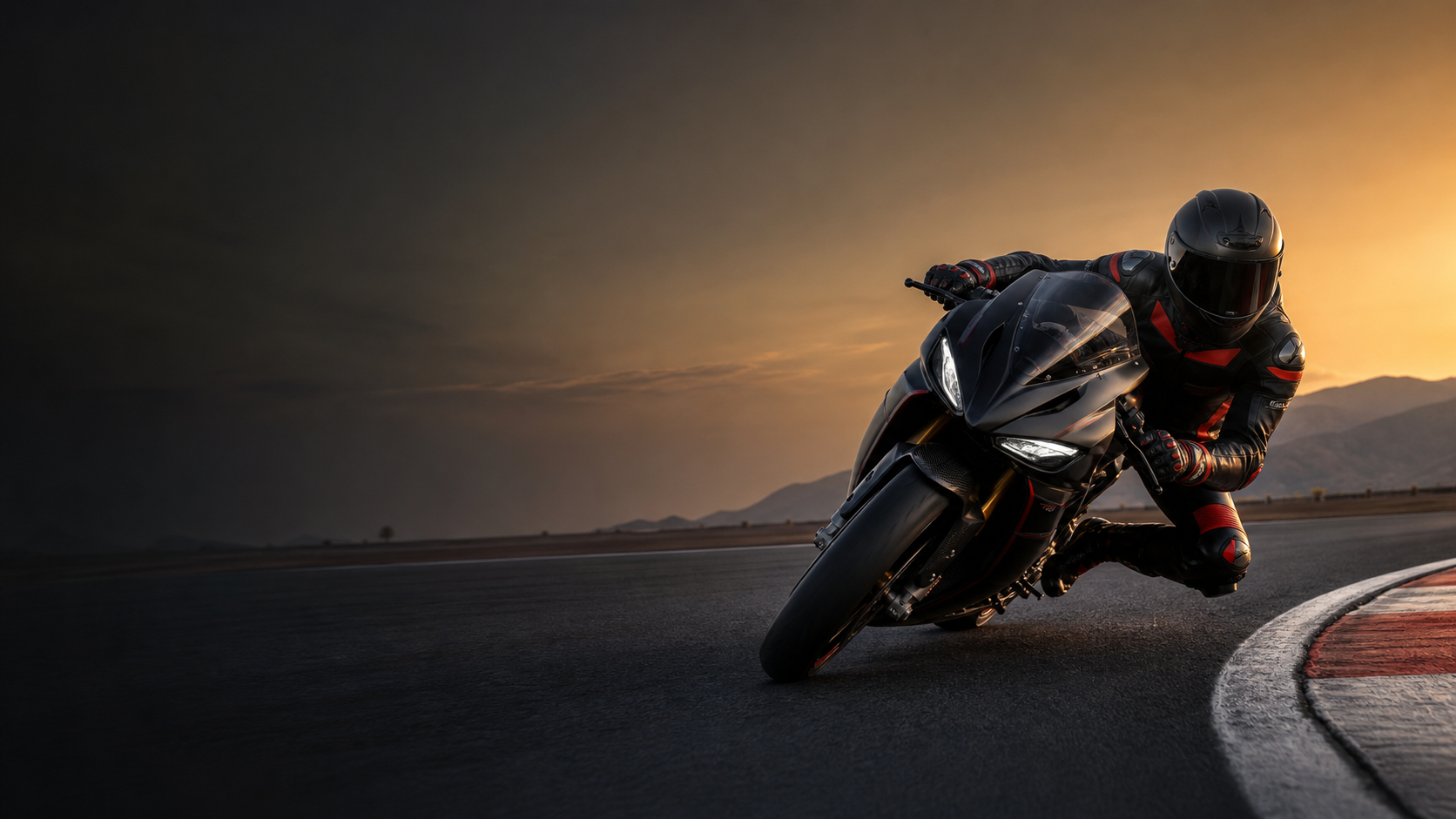 Motorcycle rider wearing a black and red leather racing suit on a track