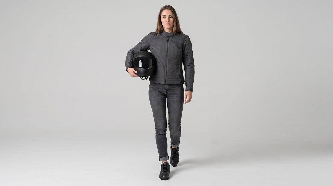 Rider holding a helmet and wearing black low-top motorcycle riding shoes with grey riding jeans in a light grey studio