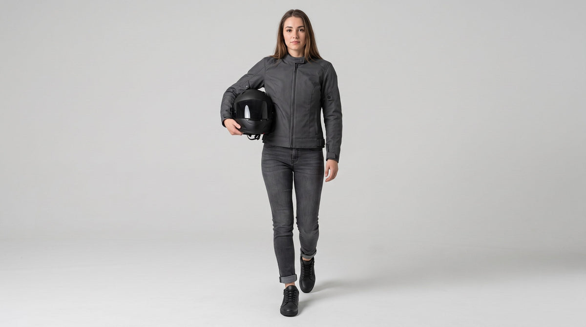 Rider holding a helmet and wearing black low-top motorcycle riding shoes with grey riding jeans in a light grey studio