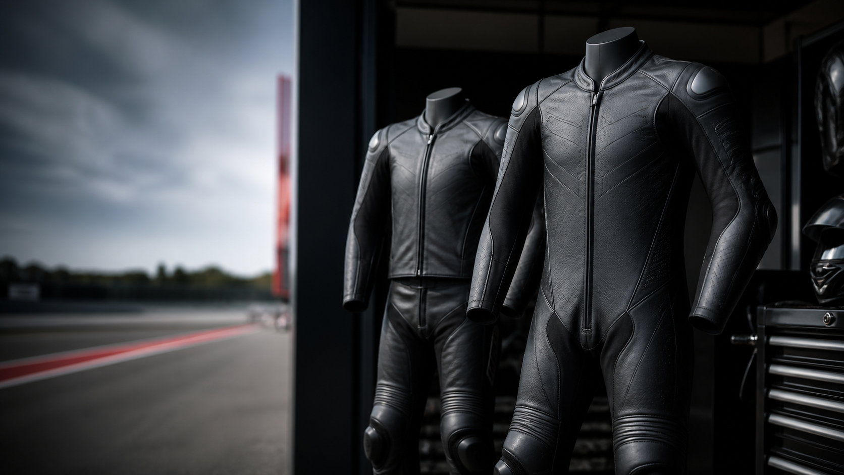 One-piece and two-piece motorcycle racing suits displayed at a track paddock