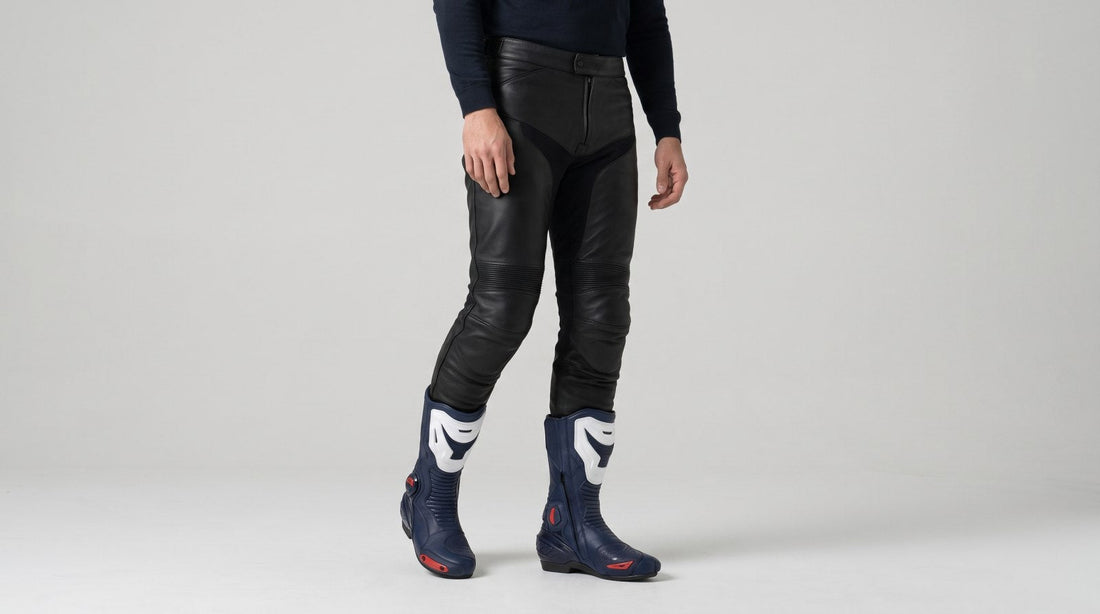 Rider in black leather trousers wearing navy and white race-style motorcycle boots on a light grey studio background