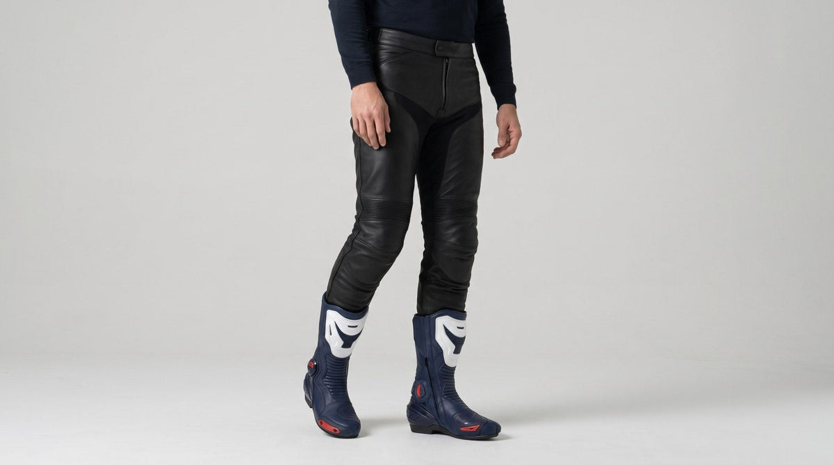 Rider in black leather trousers wearing navy and white race-style motorcycle boots on a light grey studio background