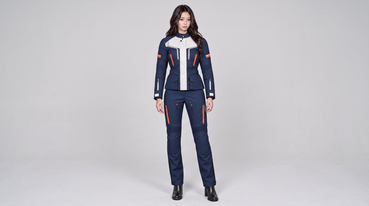 Woman rider wearing a navy blue, white and orange adventure textile motorcycle suit on a light grey studio background