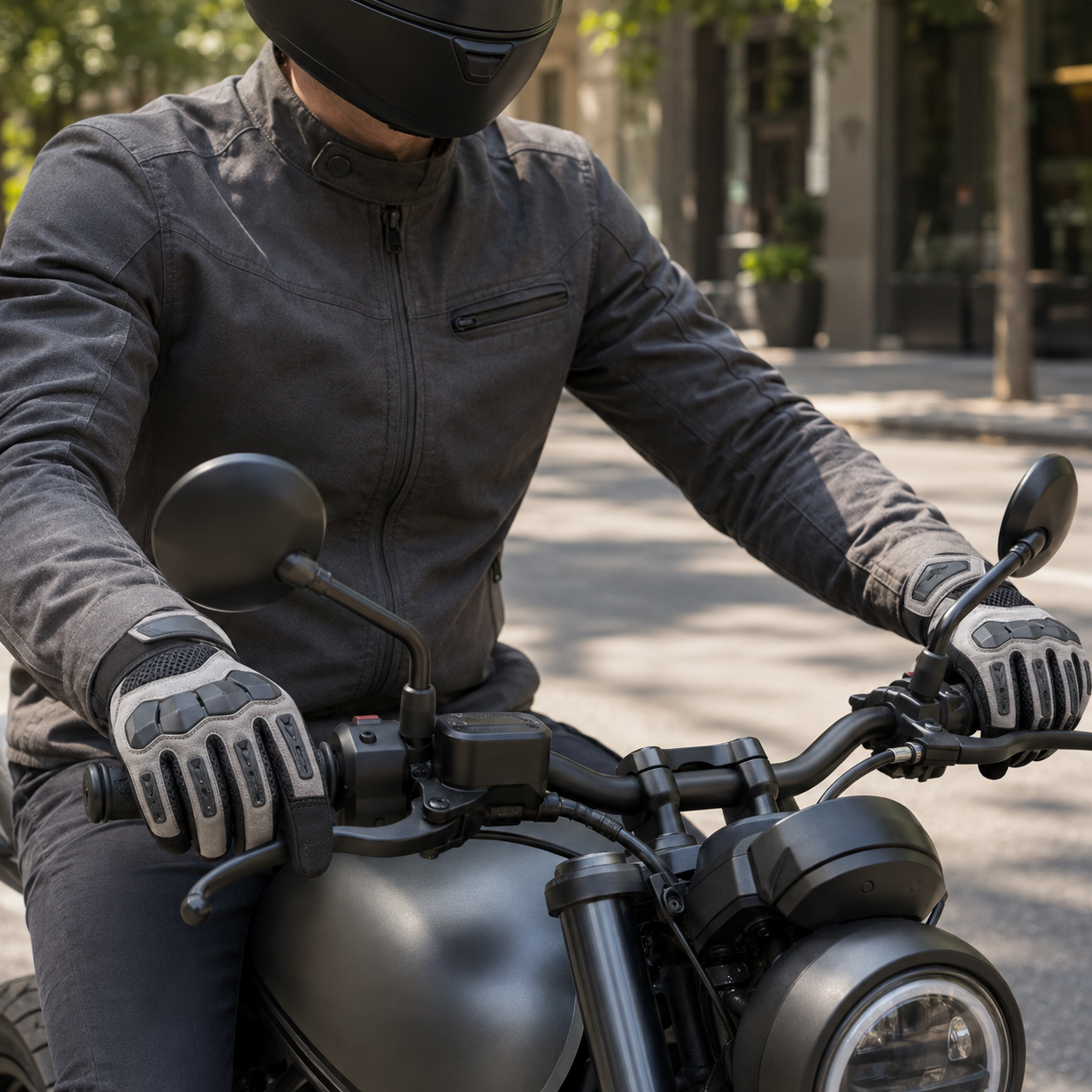 Urban motorcyclist wearing AeroFlow touchscreen mesh motorcycle gloves