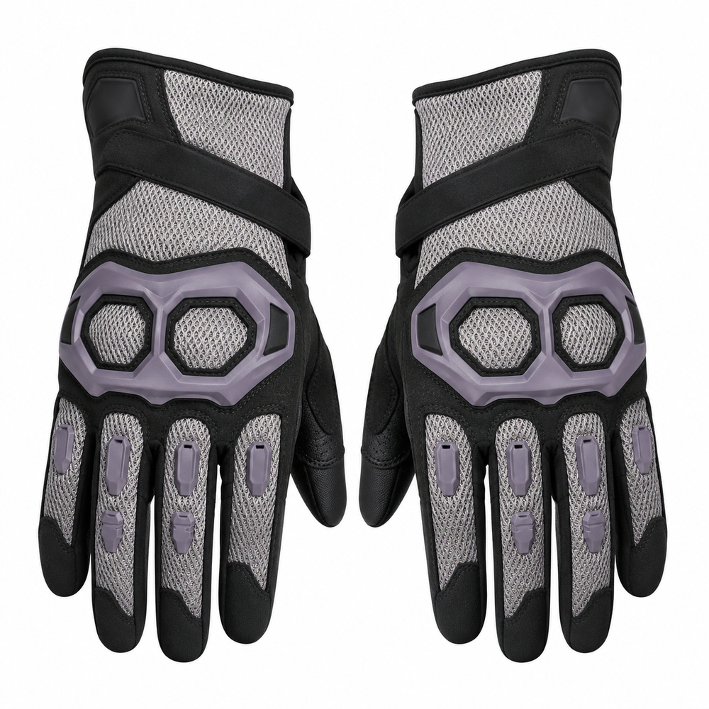 Vented knuckle motorcycle gloves in silver black and violet gray, pair on white background