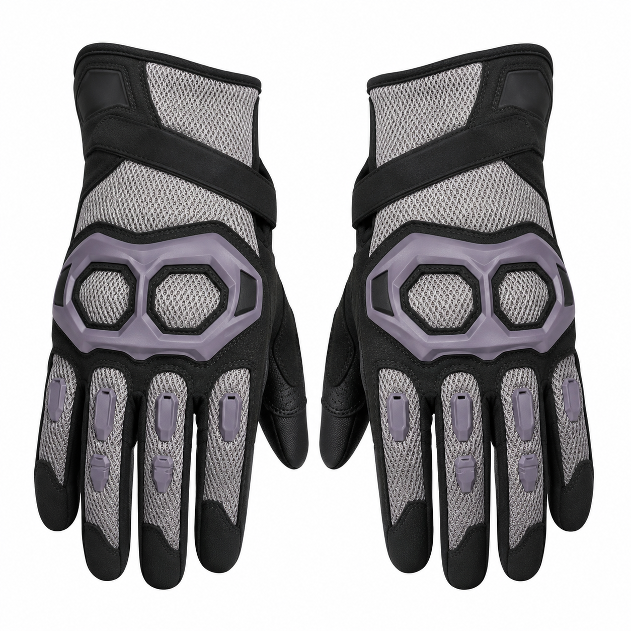 Vented knuckle motorcycle gloves in silver black and violet gray, pair on white background