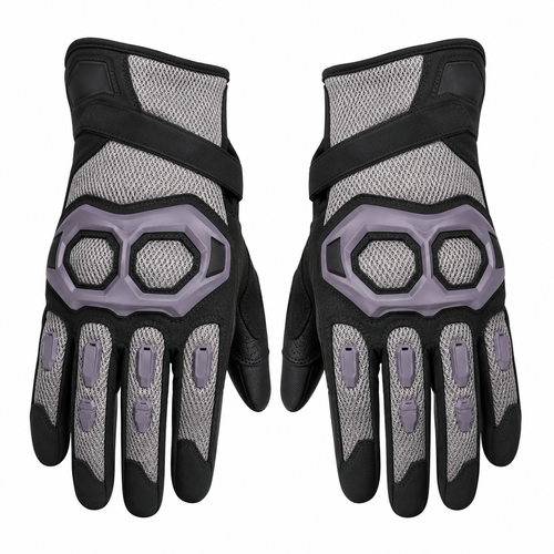 Vented knuckle motorcycle gloves in silver black and violet gray, pair on white background