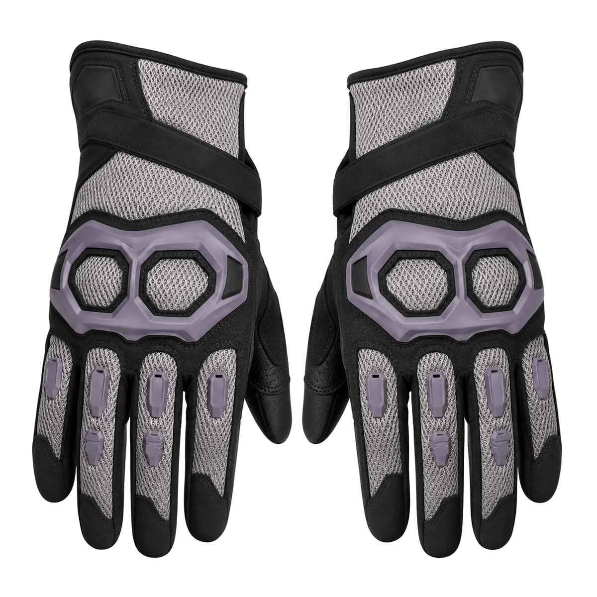 Vented knuckle motorcycle gloves in silver black and violet gray, pair on white background