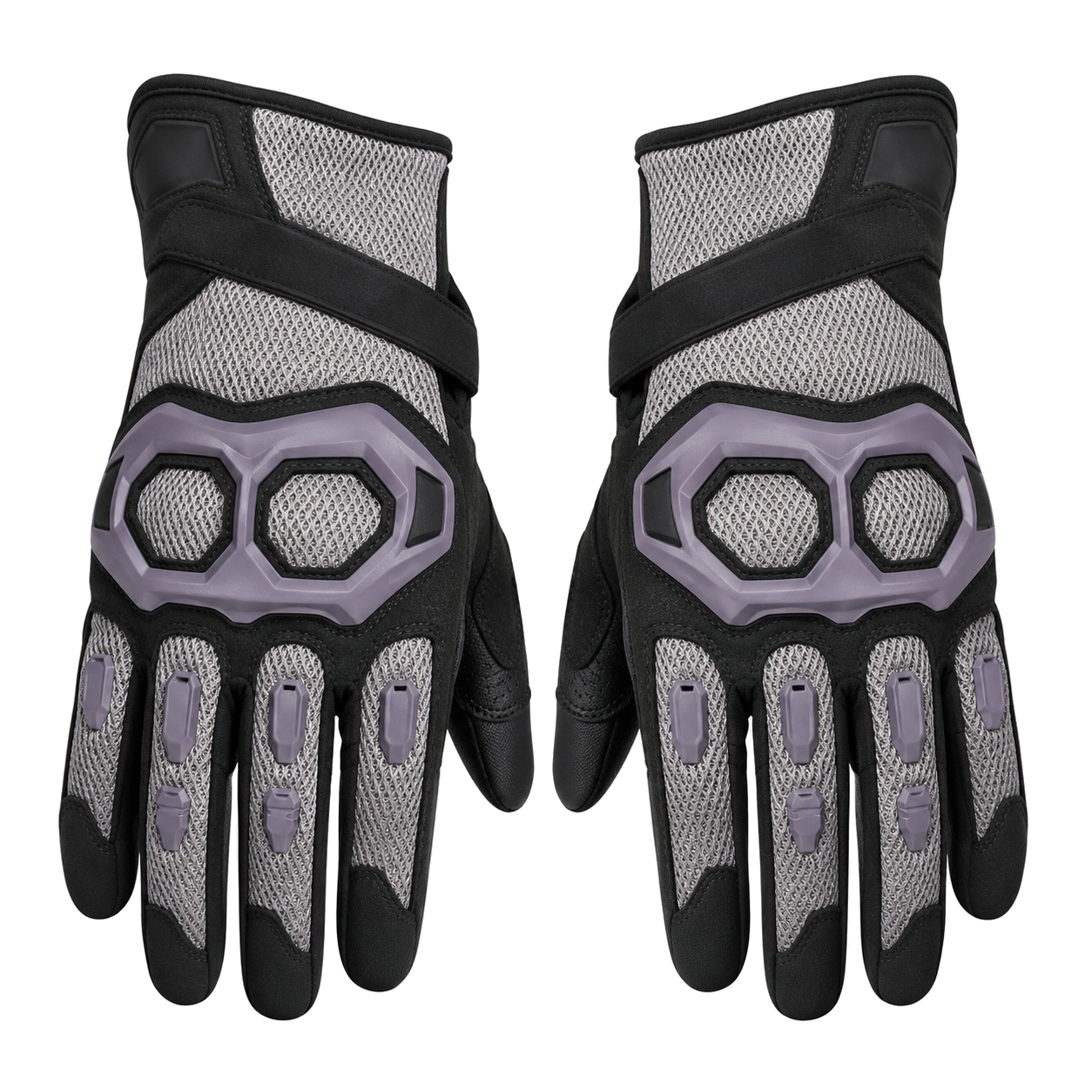 Vented knuckle motorcycle gloves in silver black and violet gray, pair on white background