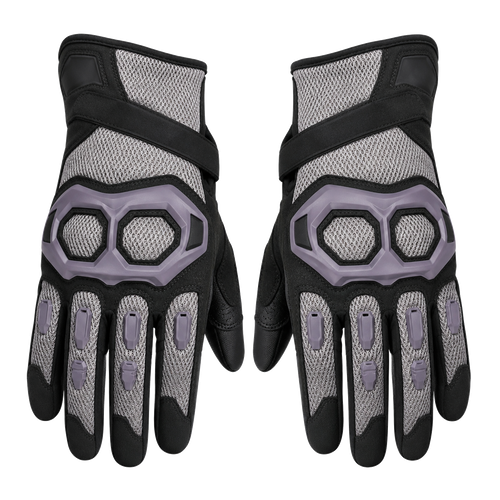 Vented knuckle motorcycle gloves in silver black and violet gray, pair on white background