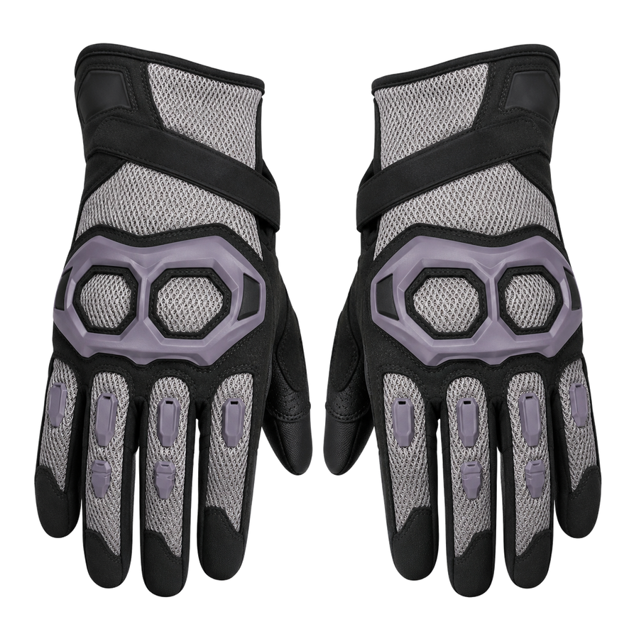 Vented knuckle motorcycle gloves in silver black and violet gray, pair on white background