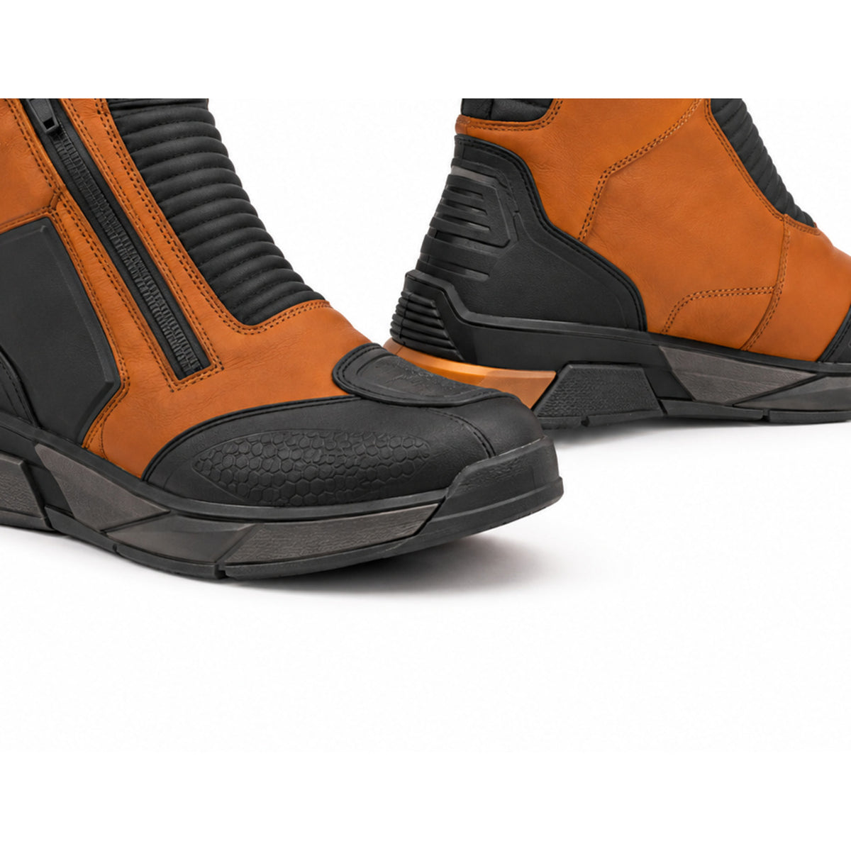 Amber Dash Zip Motorcycle Riding Shoes – toe sole detail in Amber Orange / Black