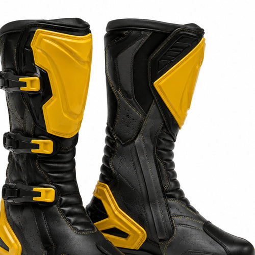 Amber Strike Yellow Racing Motorcycle Boots – shin closure detail – Amber Yellow / Black