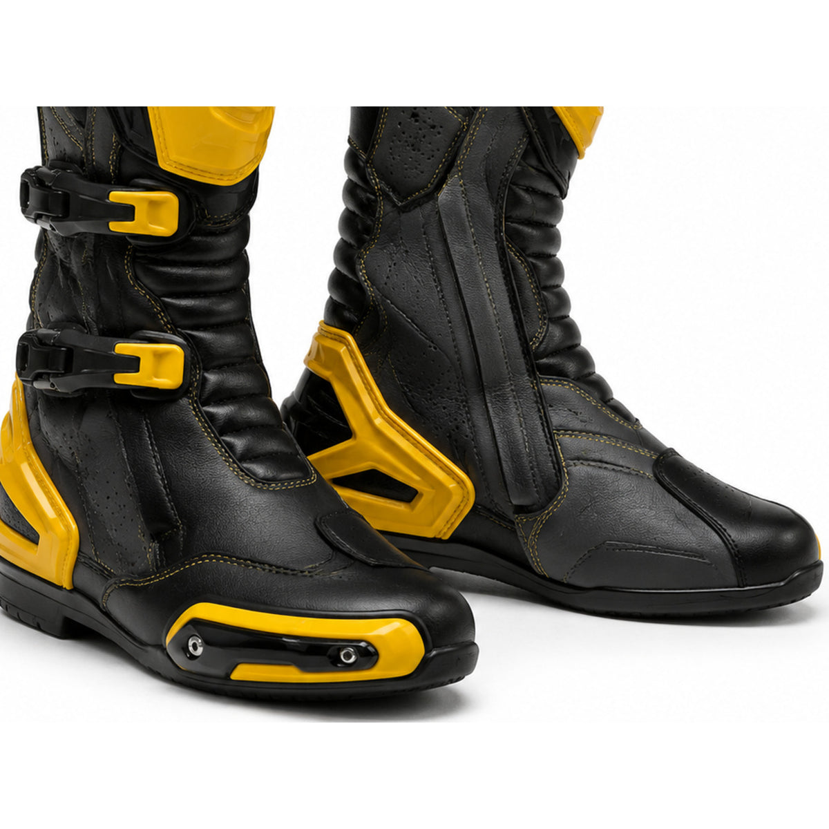 Amber Strike Yellow Racing Motorcycle Boots – toe ankle sole detail – Amber Yellow / Black