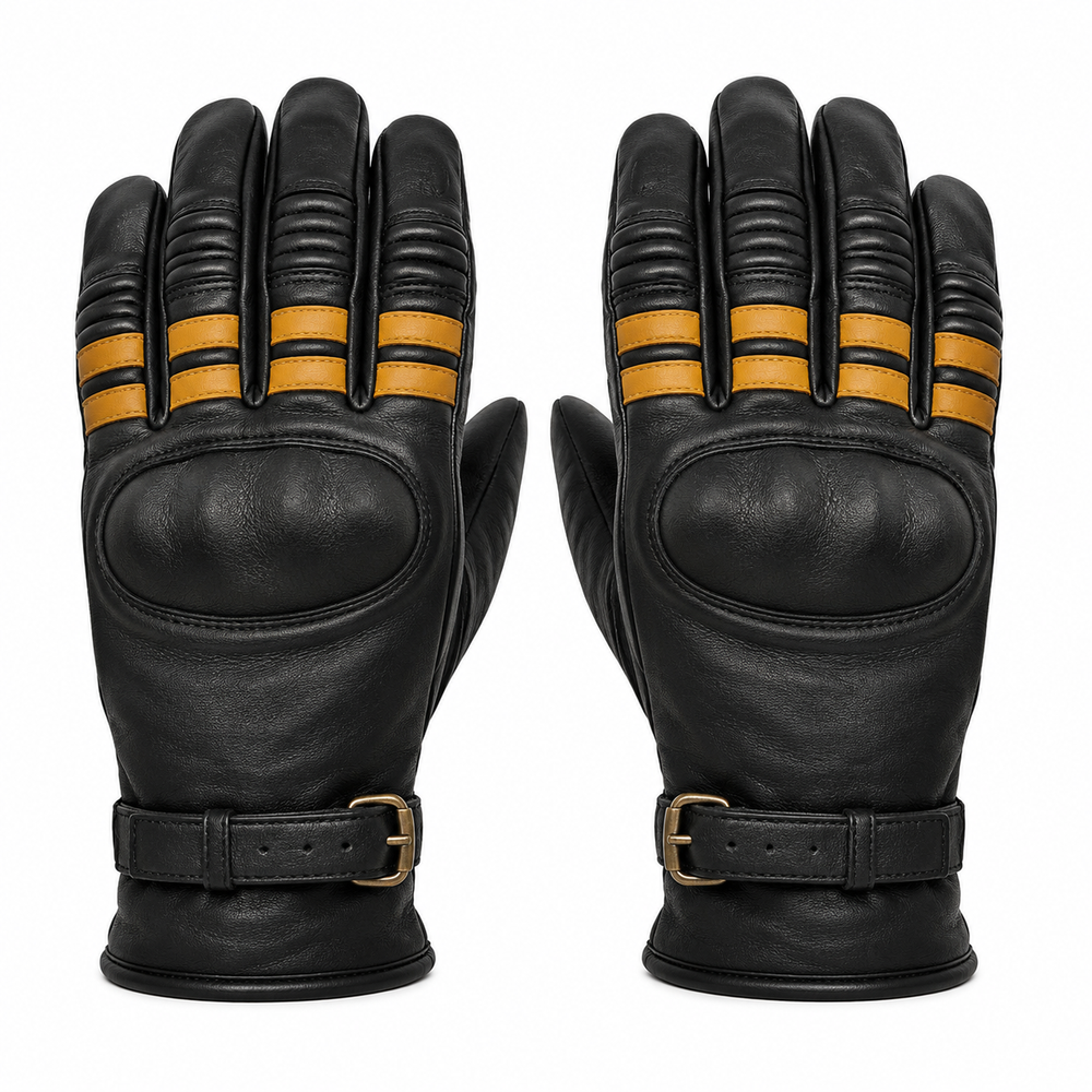 AmberLine vintage black street motorcycle gloves — full pair hero view