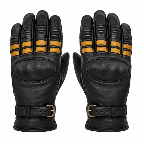 AmberLine vintage black street motorcycle gloves — full pair hero view