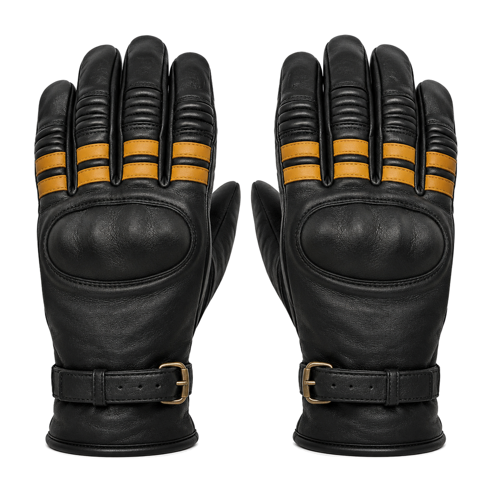 AmberLine vintage black street motorcycle gloves — full pair hero view