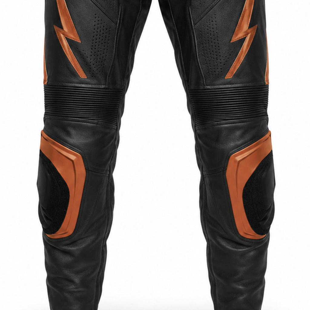 AmberStrike Leather Motorcycle Racing Pants knee panels leather and stitching detail