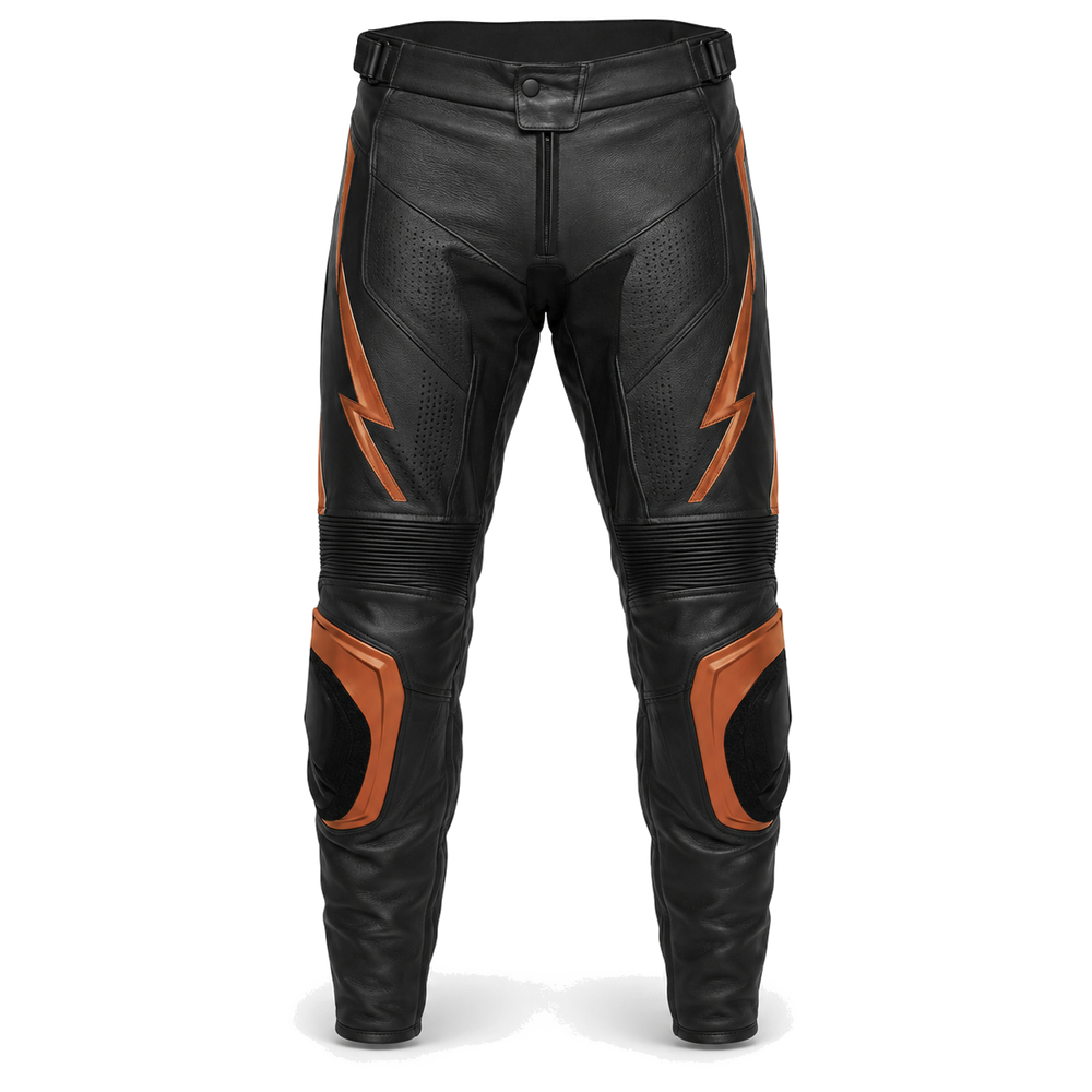 AmberStrike original orange leather racing pants front view