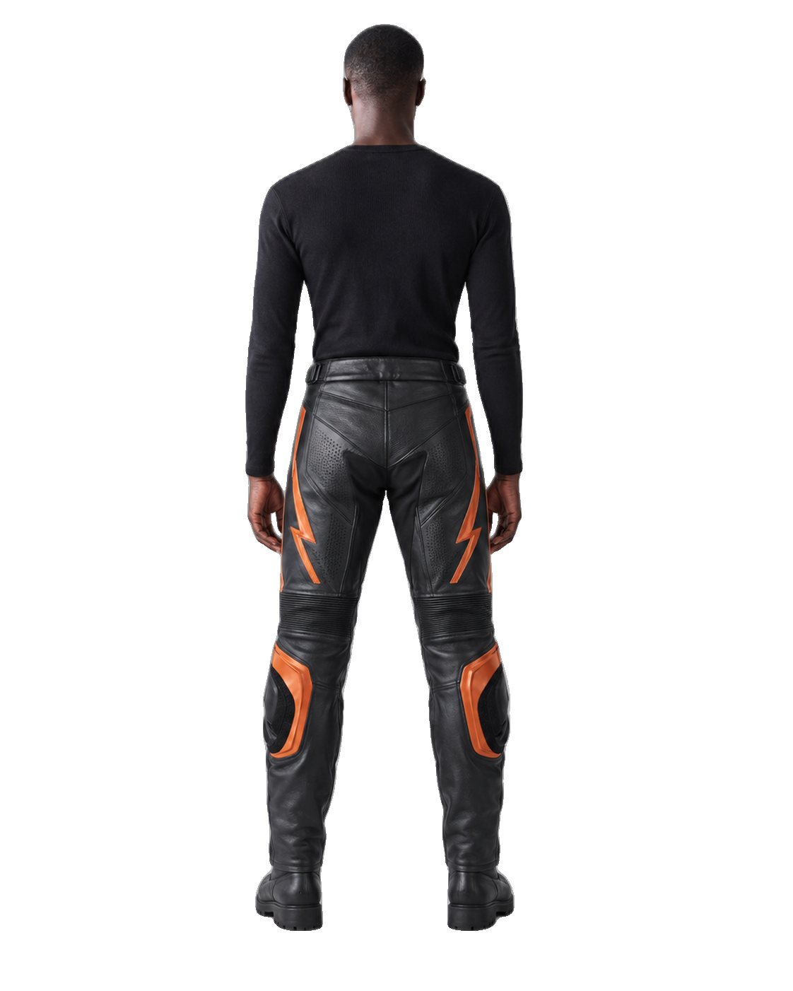 AmberStrike Leather Motorcycle Racing Pants back view on male model transparent background