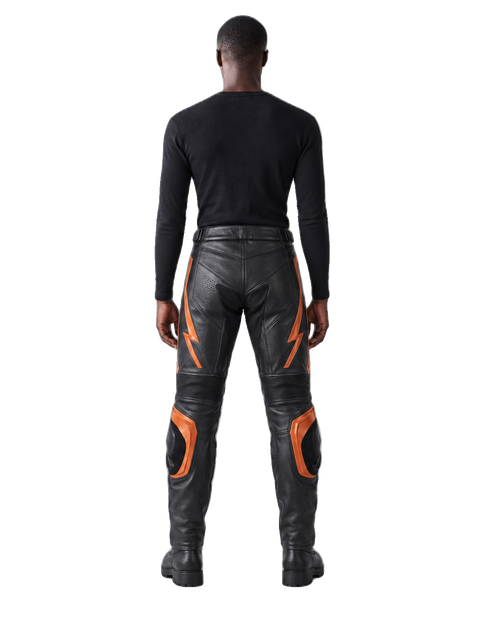 AmberStrike Leather Motorcycle Racing Pants back view on male model transparent background