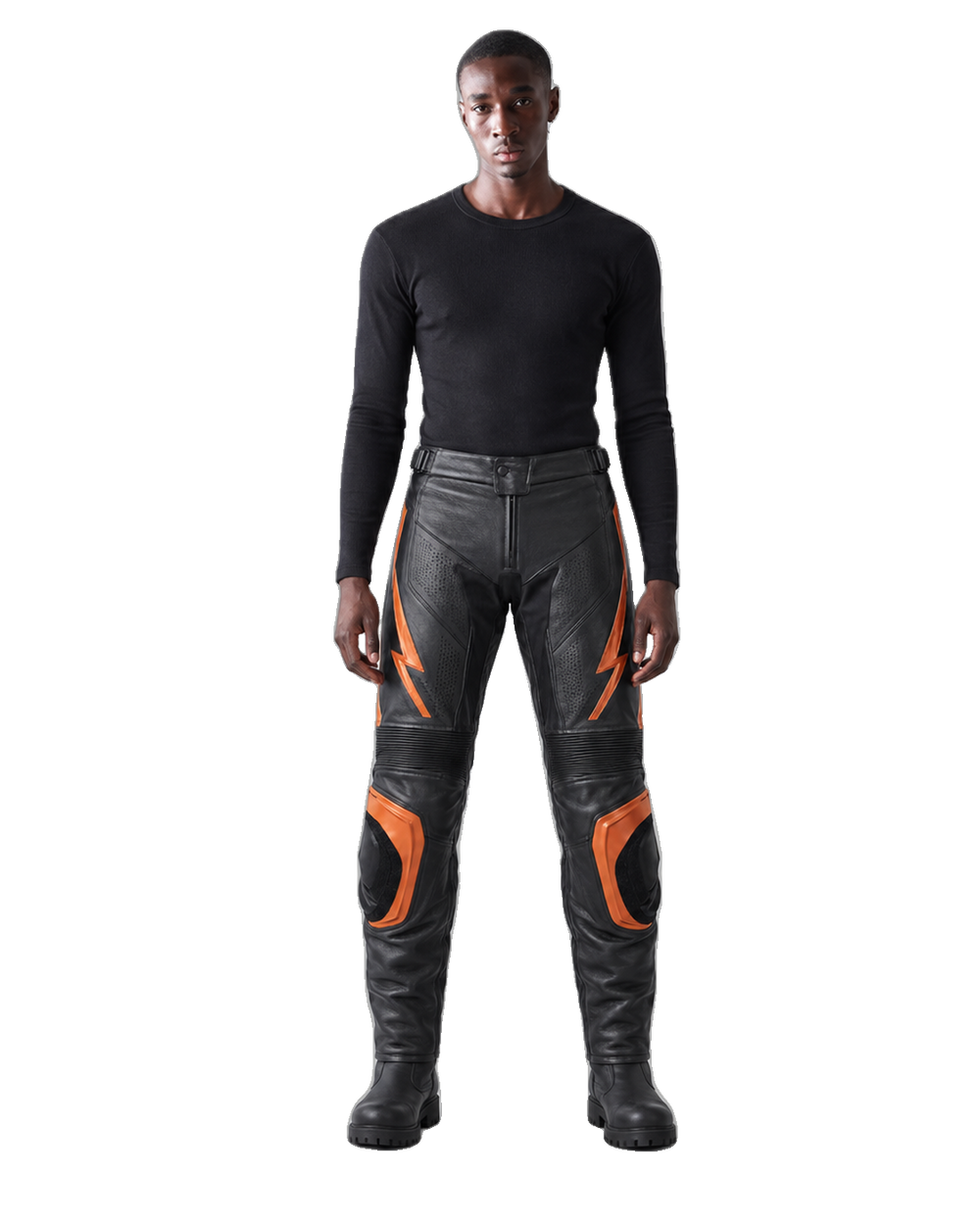 AmberStrike Leather Motorcycle Racing Pants front view on male model transparent background