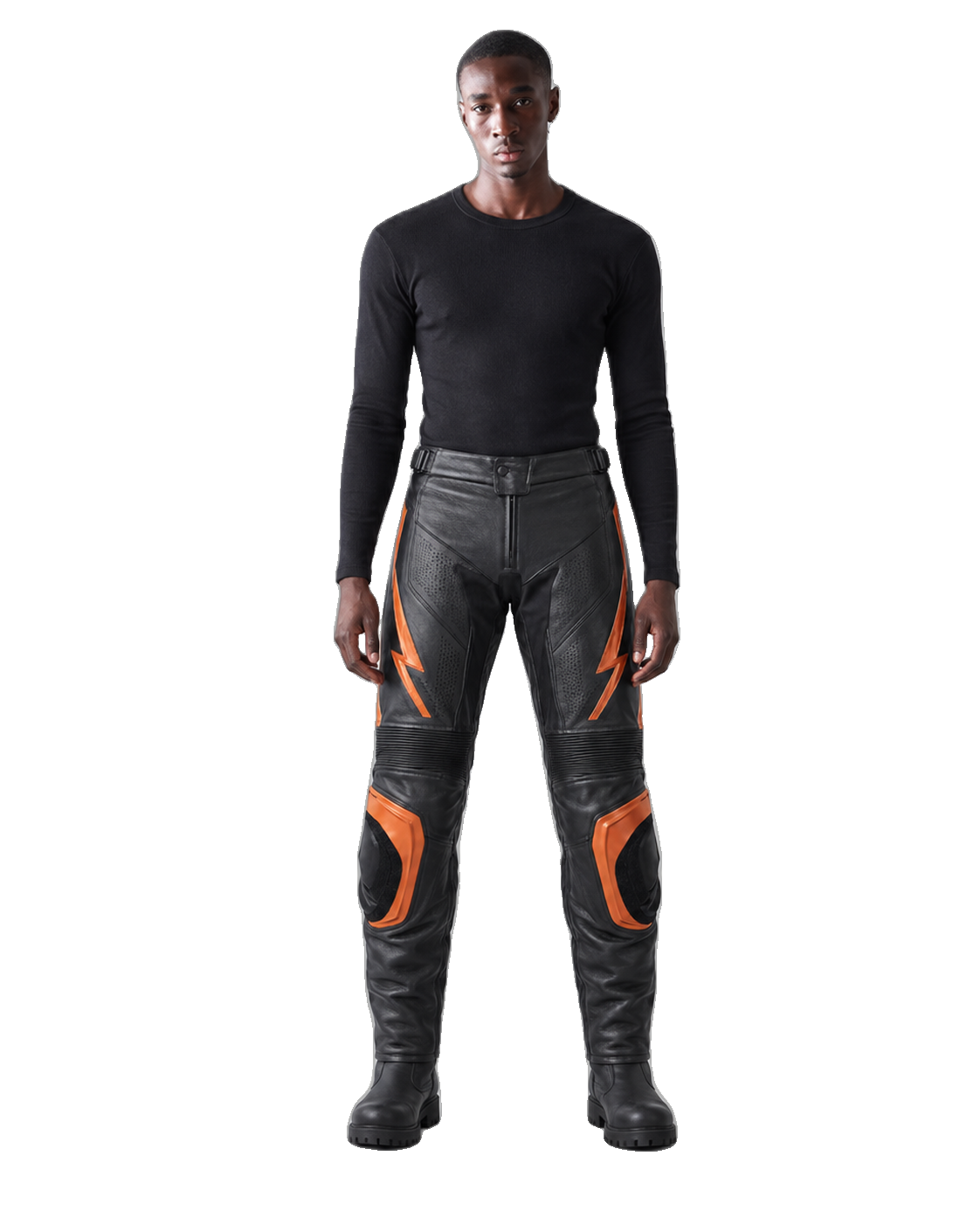 AmberStrike Leather Motorcycle Racing Pants front view on male model transparent background