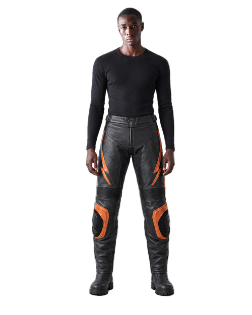 AmberStrike Leather Motorcycle Racing Pants front view on male model transparent background