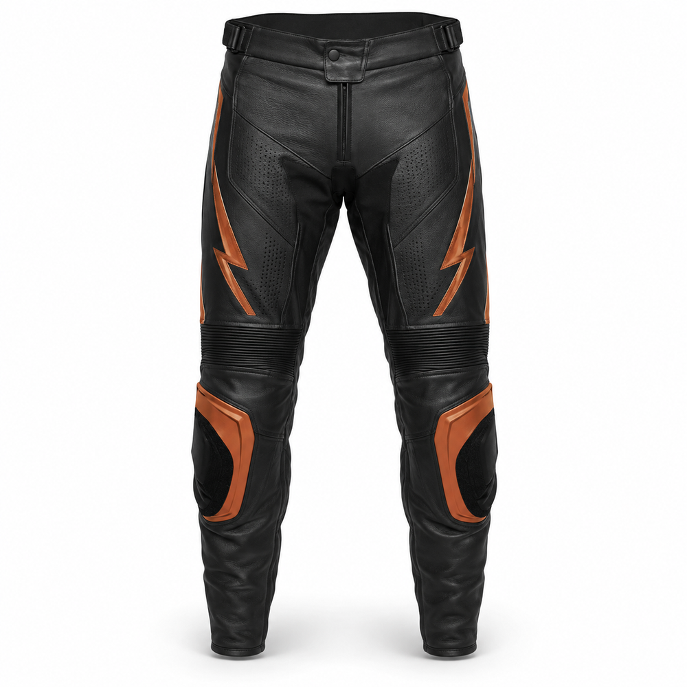 AmberStrike original orange leather racing pants front view