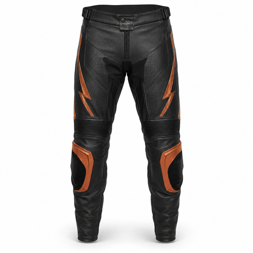 AmberStrike original orange leather racing pants front view