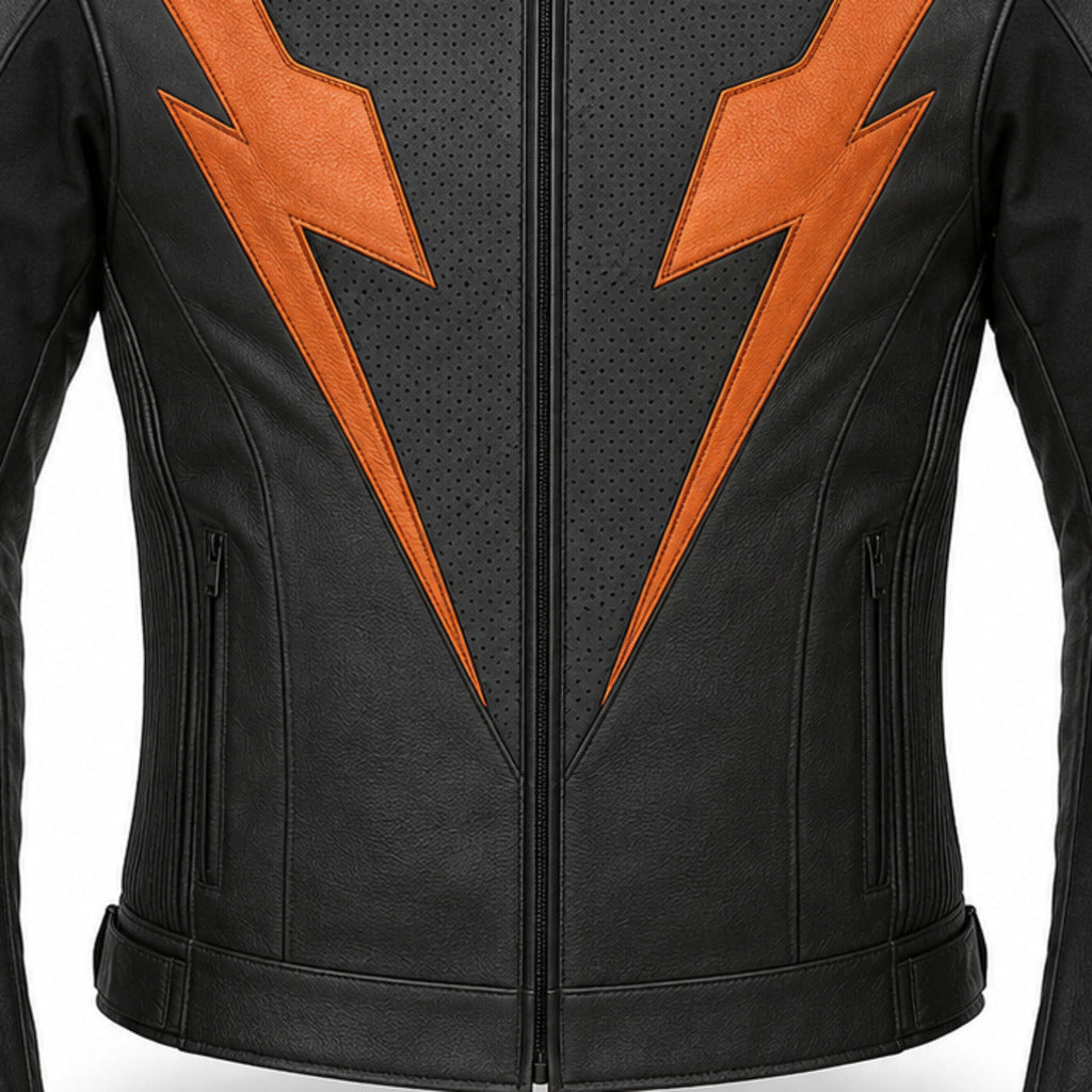 AmberStrike R Leather Motorcycle Racing Jacket leather panels stitching and hardware detail