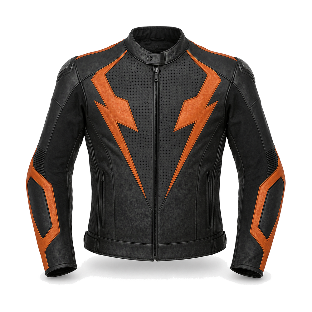 AmberStrike R original orange leather racing jacket front view