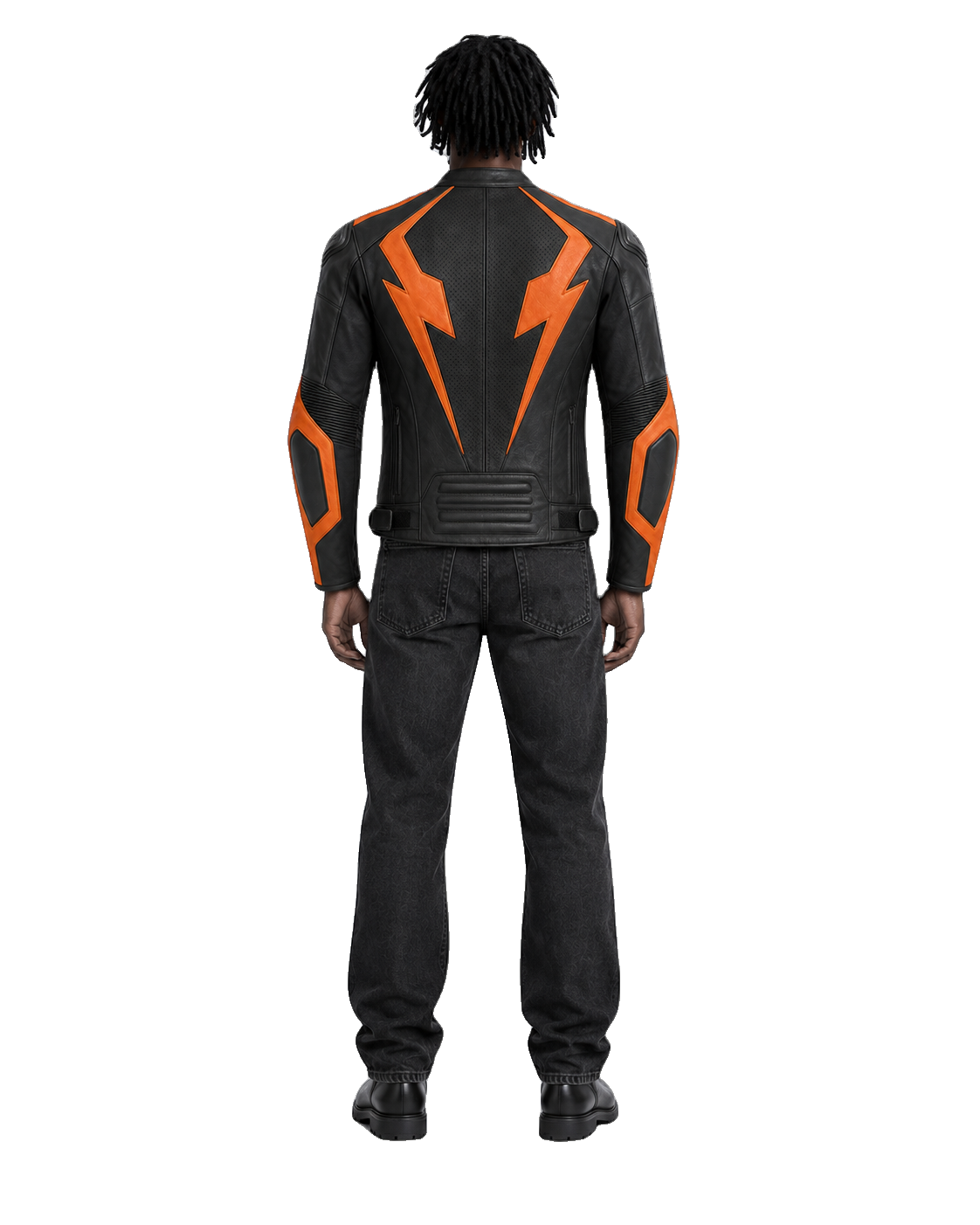 AmberStrike R Leather Motorcycle Racing Jacket back view on male model with transparent background