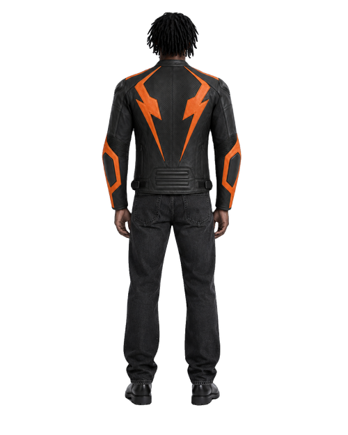 AmberStrike R Leather Motorcycle Racing Jacket back view on male model with transparent background