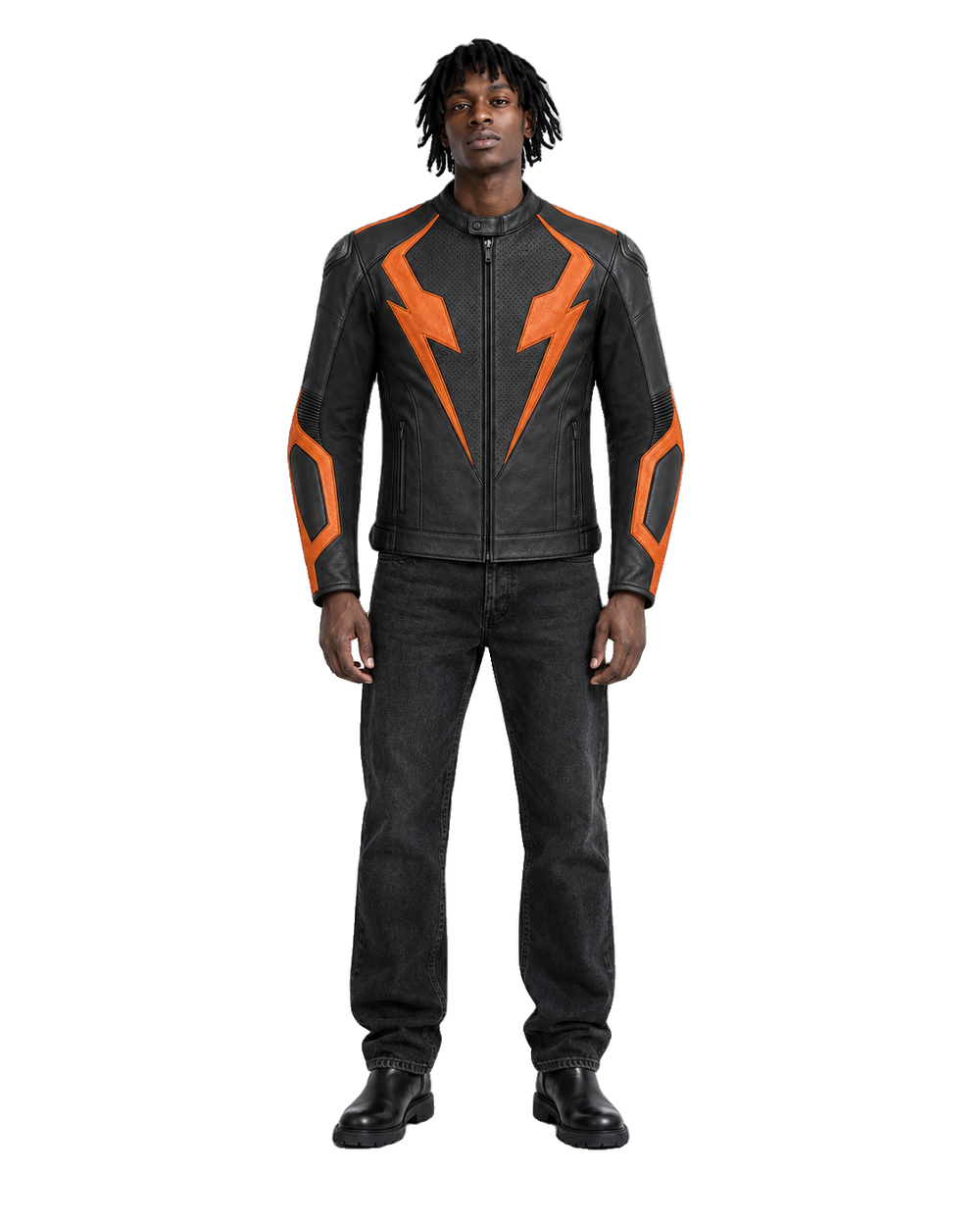 AmberStrike R Leather Motorcycle Racing Jacket front view on male model with transparent background