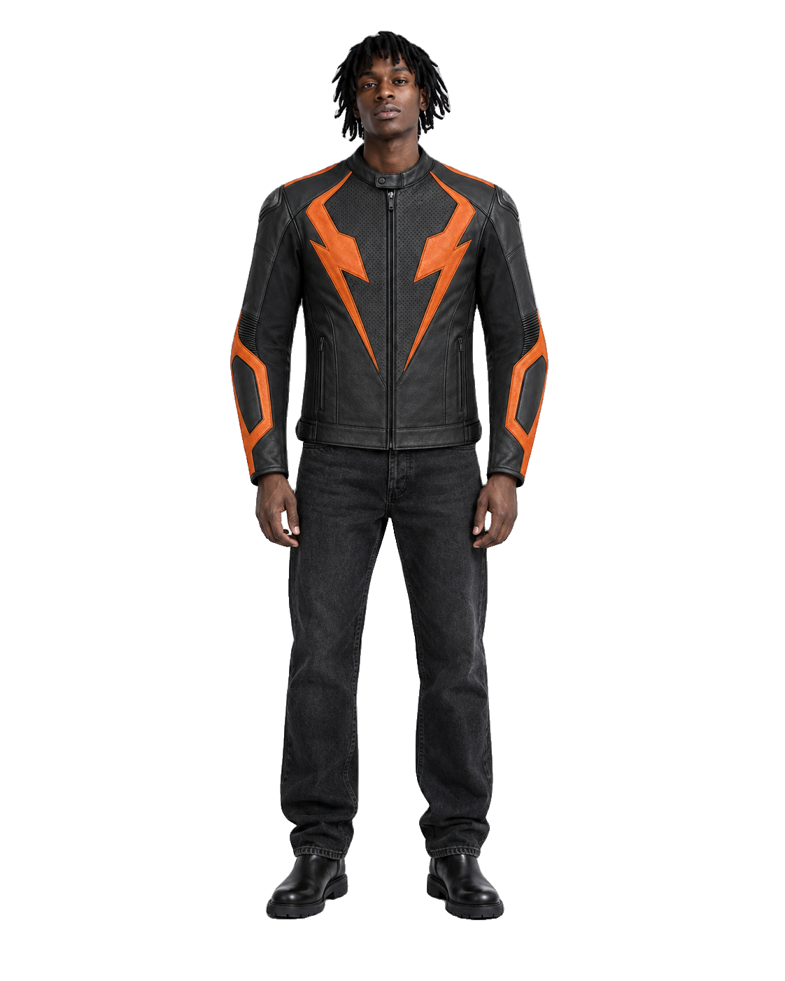 AmberStrike R Leather Motorcycle Racing Jacket front view on male model with transparent background