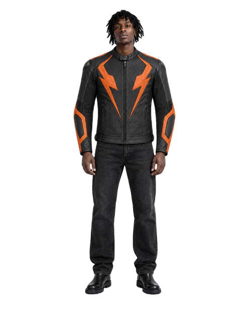 AmberStrike R Leather Motorcycle Racing Jacket front view on male model with transparent background