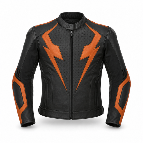 AmberStrike R original orange leather racing jacket front view