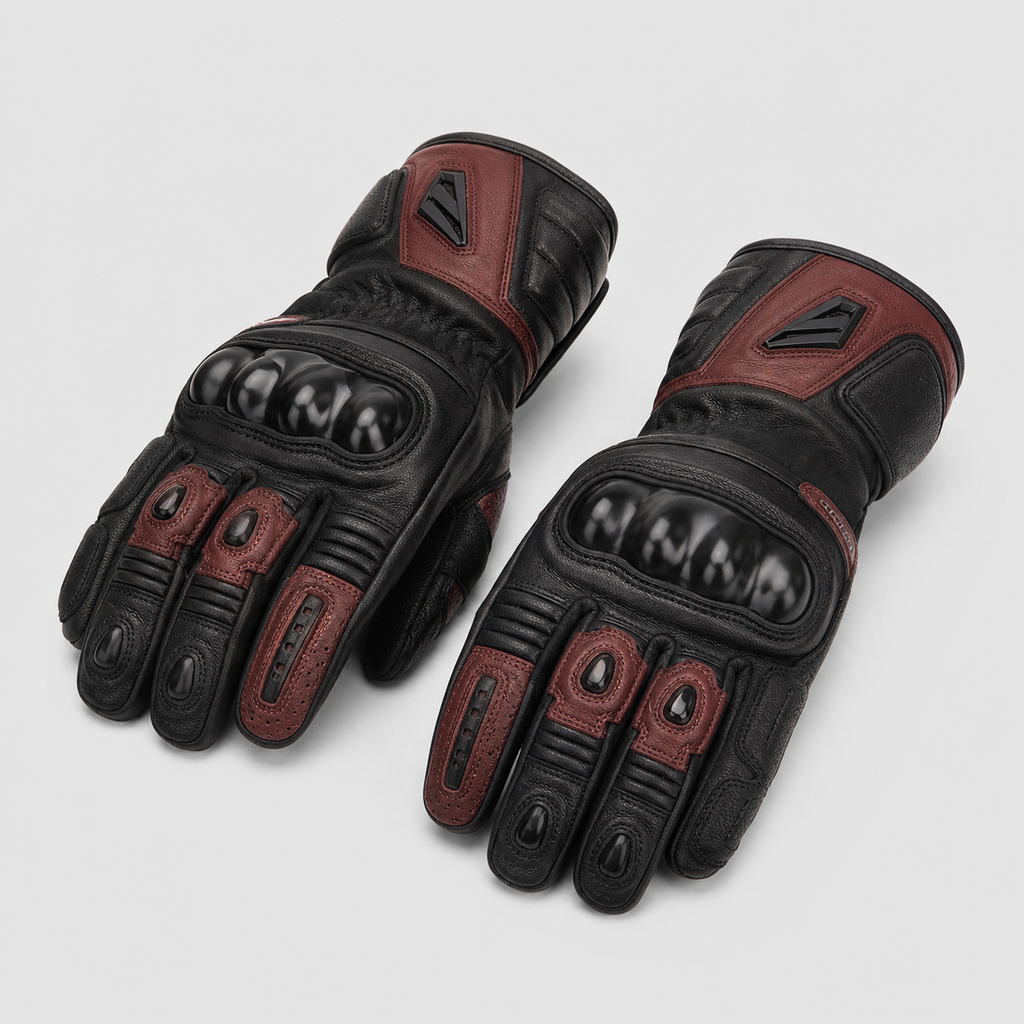 Apex Roadguard black and oxblood leather motorcycle gloves hero view