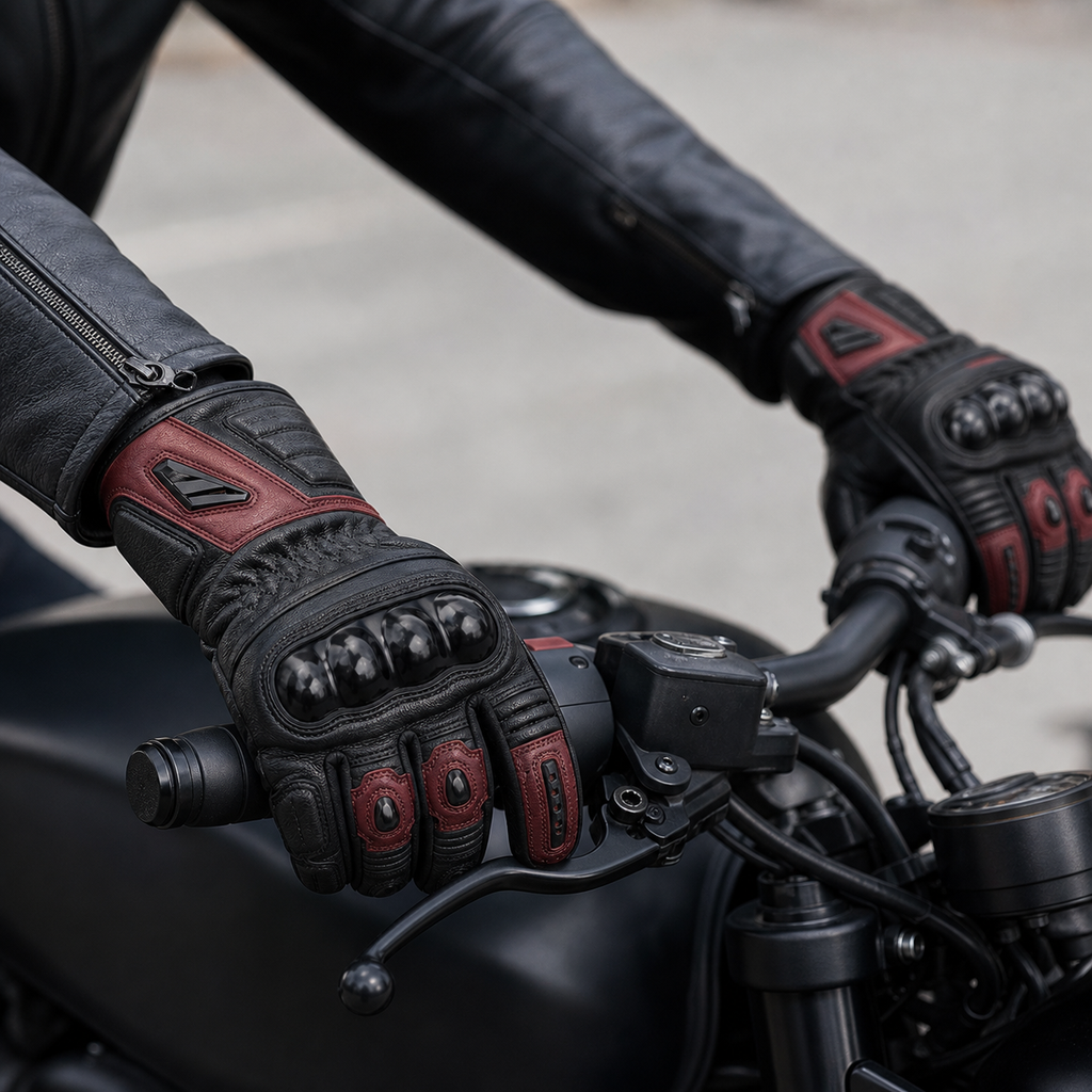 Rider wearing Apex Roadguard leather motorcycle gloves on handlebars