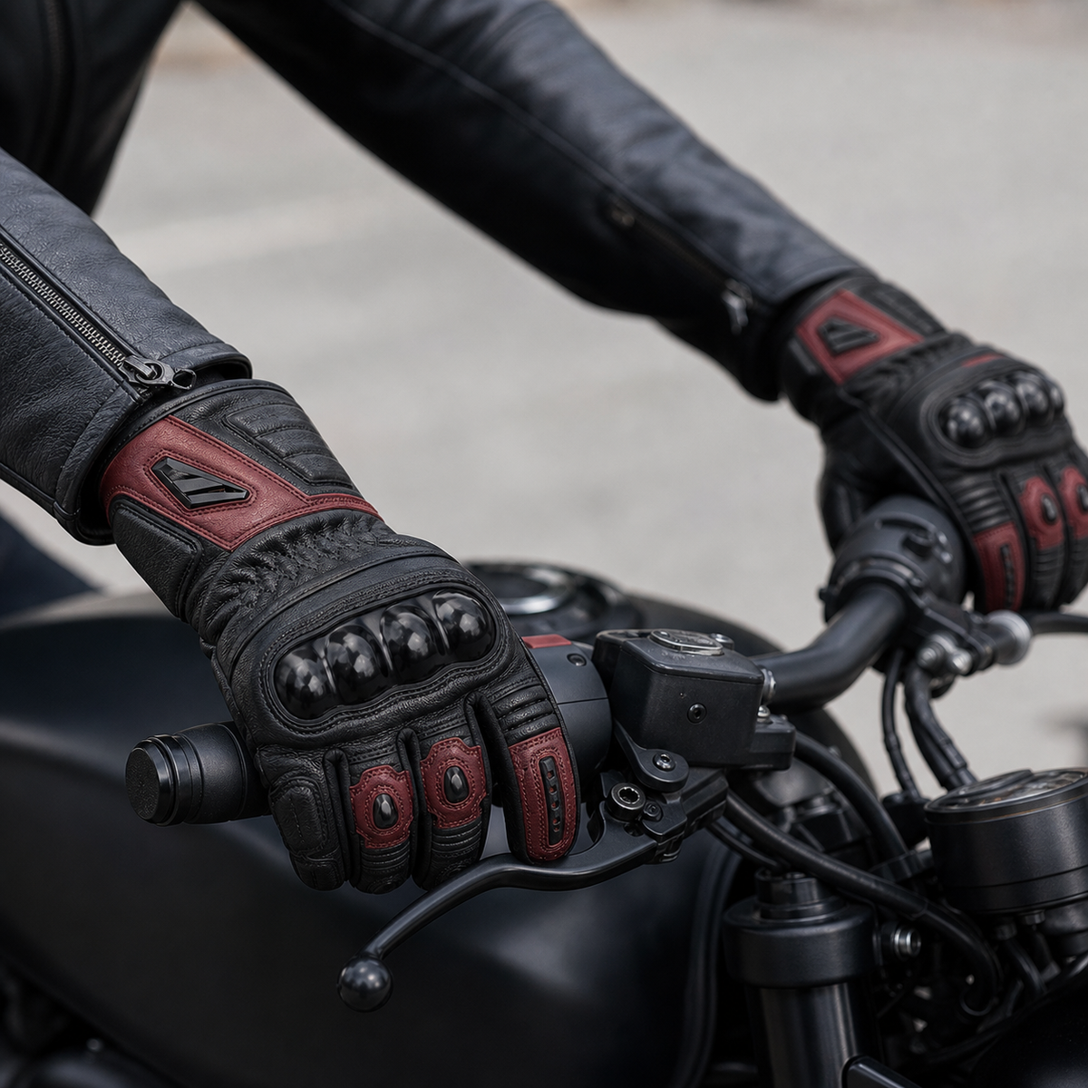 Rider wearing Apex Roadguard leather motorcycle gloves on handlebars