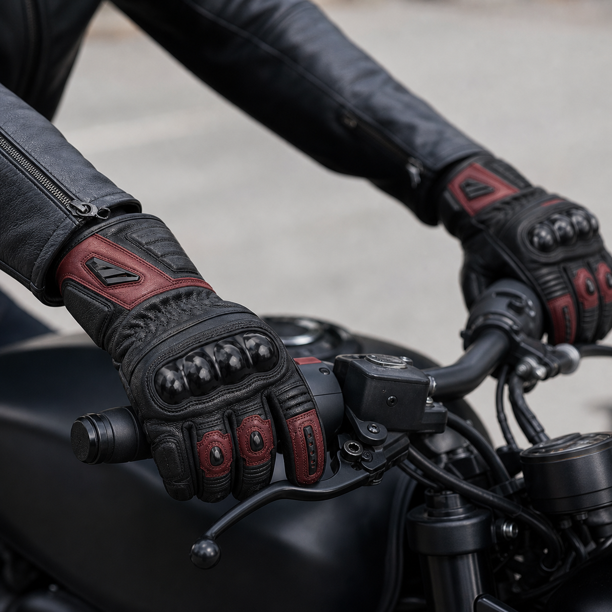 Rider wearing Apex Roadguard leather motorcycle gloves on handlebars