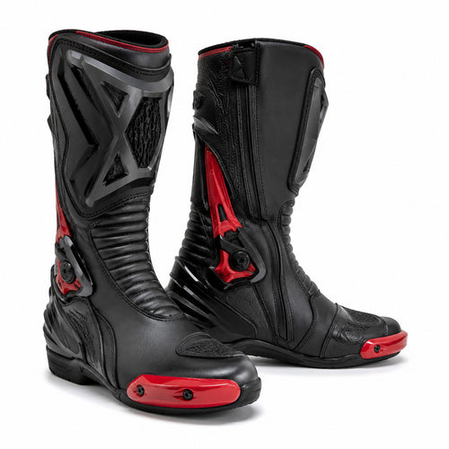 Apex Vortex Black Red Racing Motorcycle Boots – hero – Black / Crimson / Graphite