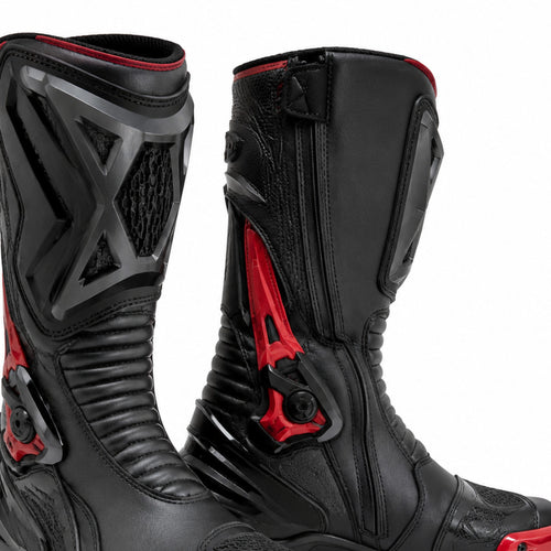 Apex Vortex Black Red Racing Motorcycle Boots – shin closure detail – Black / Crimson / Graphite
