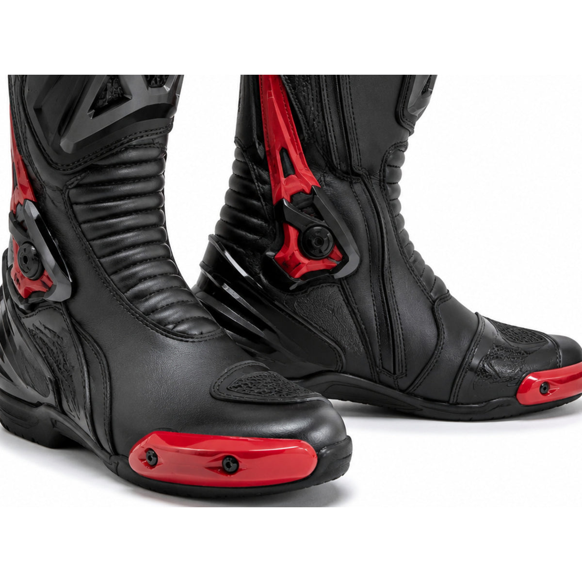 Apex Vortex Black Red Racing Motorcycle Boots – toe ankle sole detail – Black / Crimson / Graphite